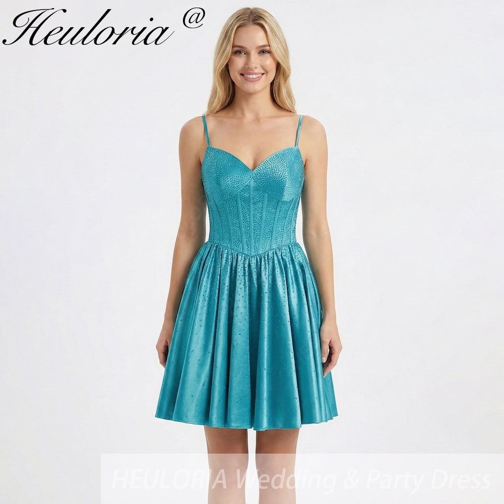 HEULORIA Sparkly Rhinestone Corset Satin Homecoming Dress - Sweetheart Neckline Spaghetti Strap Short Prom Gown ED-310