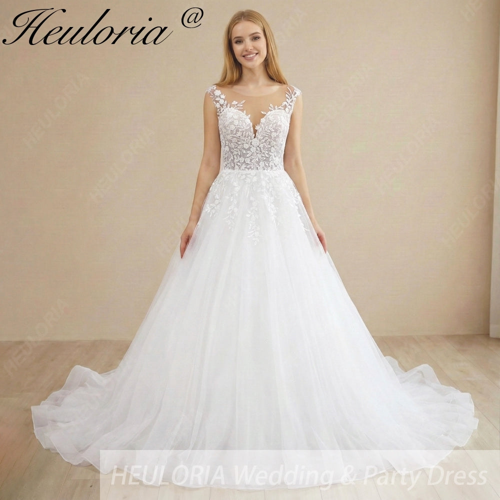 HEULORIA Ethereal Illusion V-Neck Floral Lace Wedding Dress - Shimmer Tulle A-Line Bridal Gown AL-1099