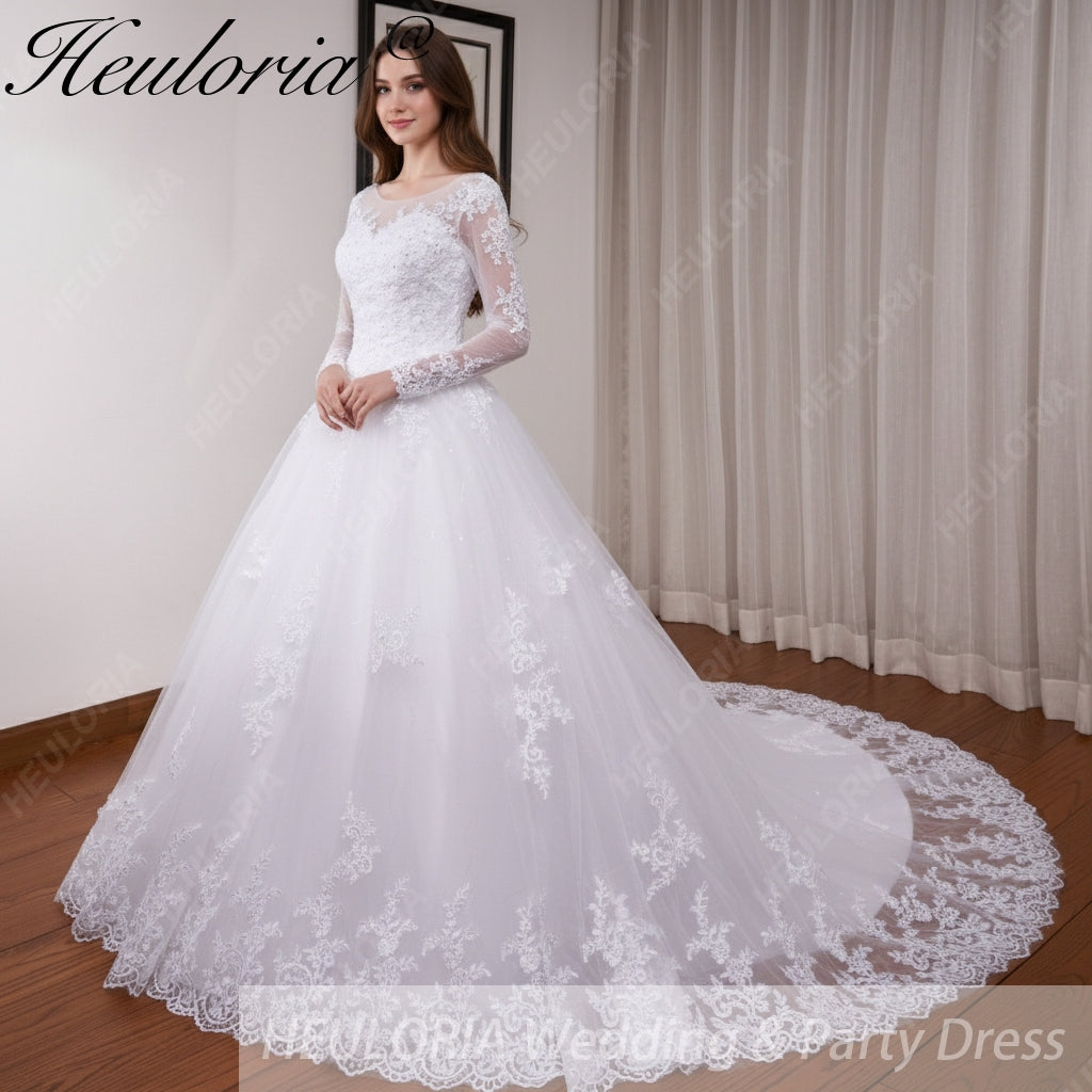 HEULORIA Princess Ball Gown Wedding Dress long sleeve sweetheart plus size robe de mariee Lace beading bride dress court train BA-VN8191