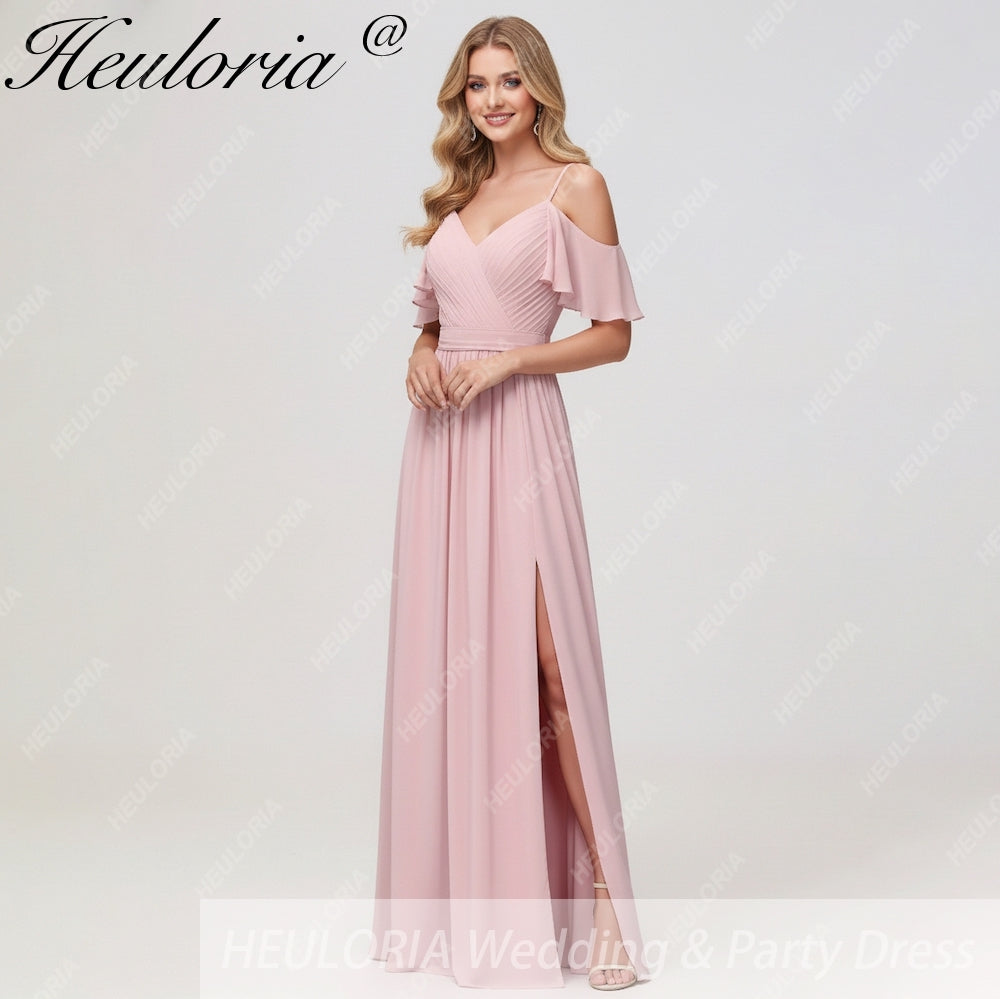 HEULORIA Long Bridemaid dress short sleeve sweetheart chiffon party dress formal dress ED-126