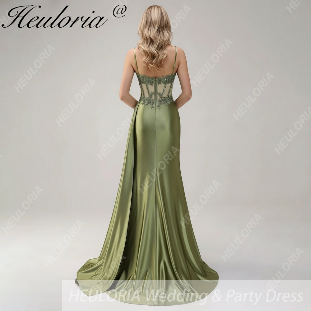 HEULORIA Elegant Satin Corset Evening Gown with Lace Appliqué & High Side Slit Prom dresses ED-219
