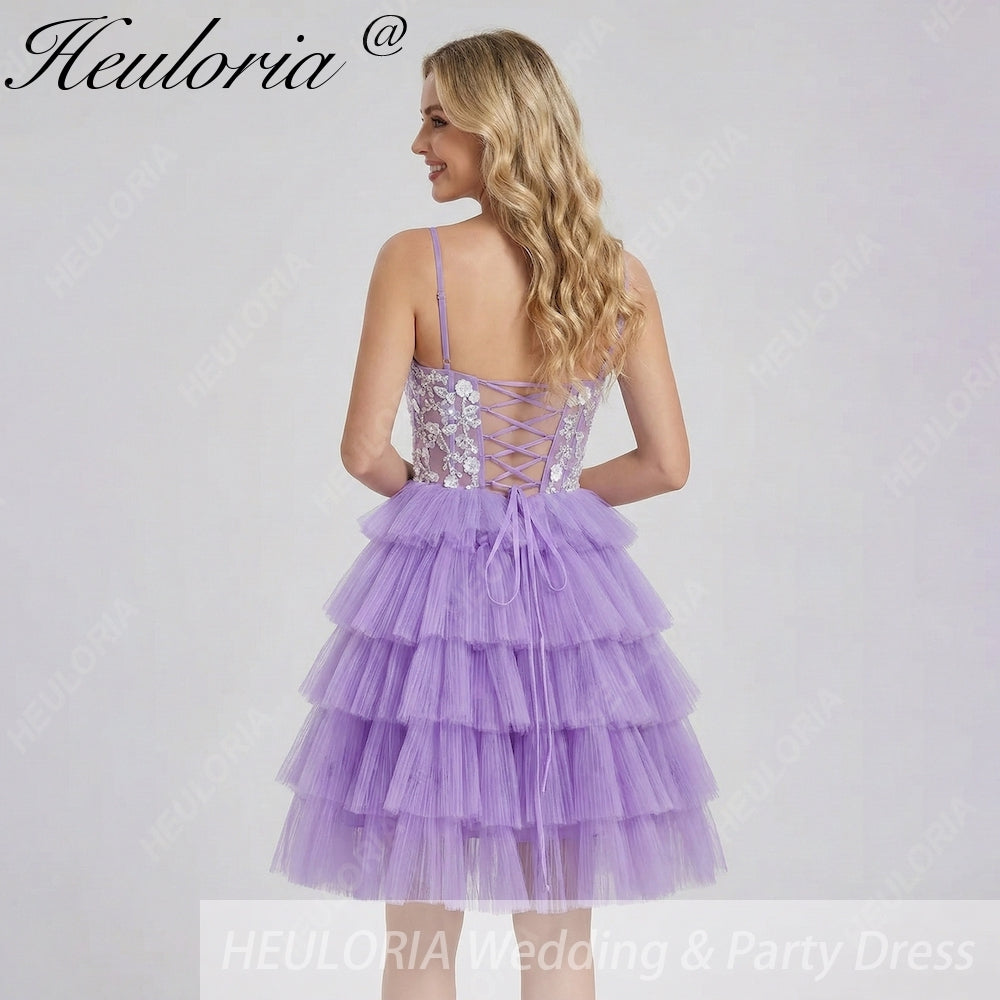 HEULORIA Lavender Tiered Tulle Mini Dress - Sequin Lace Appliqué V-Neck Cocktail Gown ED-294