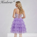 HEULORIA Lavender Tiered Tulle Mini Dress - Sequin Lace Appliqué V-Neck Cocktail Gown ED-294
