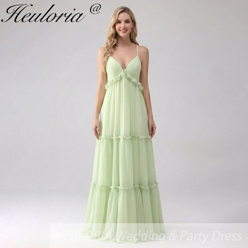 HEULORIA Sage Green Ruffled V-Neck Tiered Chiffon Maxi Dress with Lace-Up Back ED-375