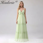 HEULORIA Sage Green Ruffled V-Neck Tiered Chiffon Maxi Dress with Lace-Up Back ED-375