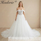 Heuloria Enchanting Off-the-Shoulder Sweetheart Ball Gown - Floral Lace Corset Wedding Dress with Glitter Tulle AL-1011