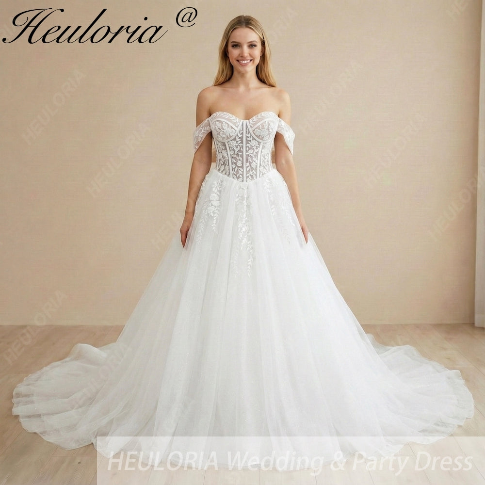 Heuloria Enchanting Off-the-Shoulder Sweetheart Ball Gown - Floral Lace Corset Wedding Dress with Glitter Tulle AL-1011