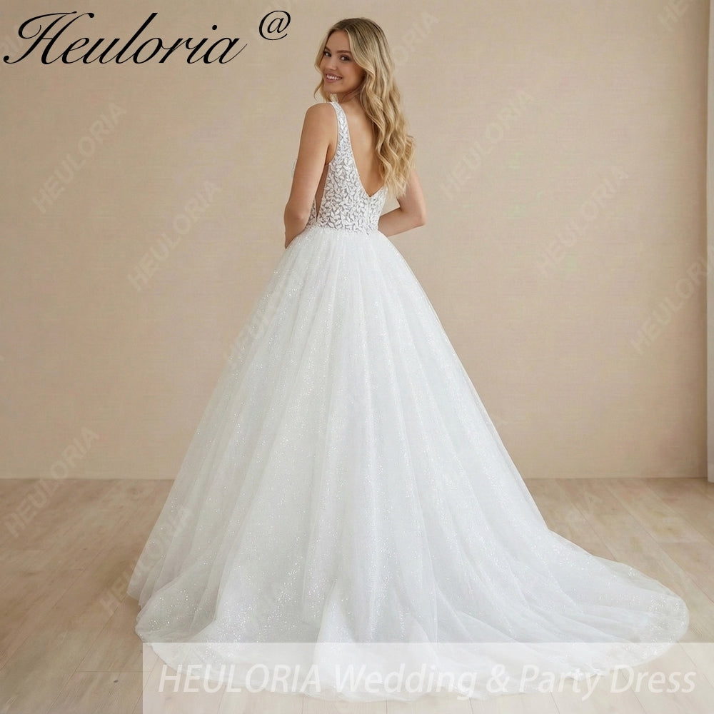 HEULORIA Radiant Sparkle A-Line Wedding Dress - Plunging V-Neck with Illusion Mesh & Leaf Lace Bodice AL-1059