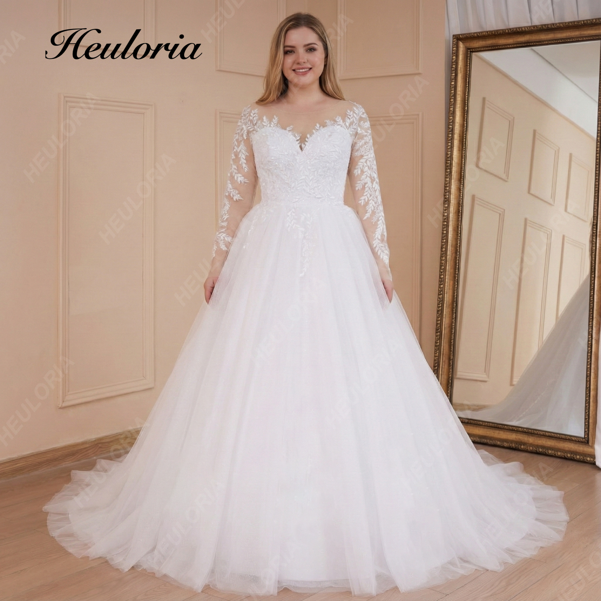 HEULORIA Elegant Illusion Long Sleeve Lace Wedding Dress - Sweetheart Bodice & Cathedral Tulle Skirt AL-709