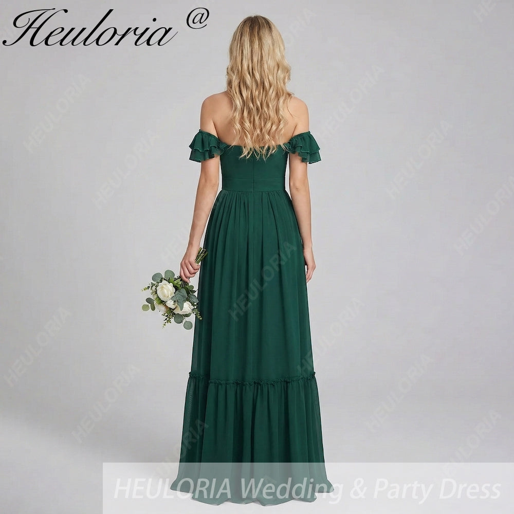 HEULORIA Dark Green A Line Off The Shoulder Chiffon Ruched Long Bridesmaid Dress ED-245