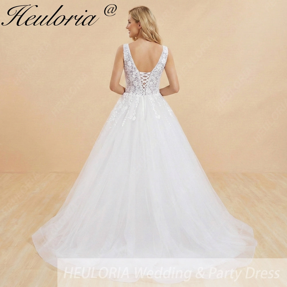 HEULORIA A line Wedding Dress V Neck sparky tulle lace applique bride dress with lace up back Customized AL-1032