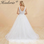 HEULORIA A line Wedding Dress V Neck sparky tulle lace applique bride dress with lace up back Customized AL-1032
