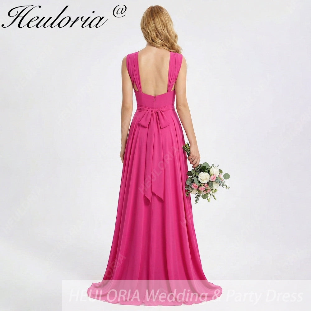 HEULORIA Fuchsia Pleated Chiffon Bridesmaid Dress with Matching Scarf & Side Slit ED-257