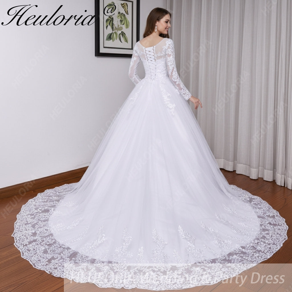HEULORIA Princess Ball Gown Wedding Dress long sleeve bride dress O neck plus size robe de mariee Lace beading Bridal Gown BA-550