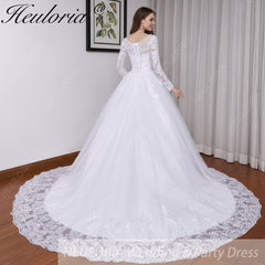 HEULORIA Princess Ball Gown Wedding Dress long sleeve bride dress O neck plus size robe de mariee Lace beading Bridal Gown BA-550