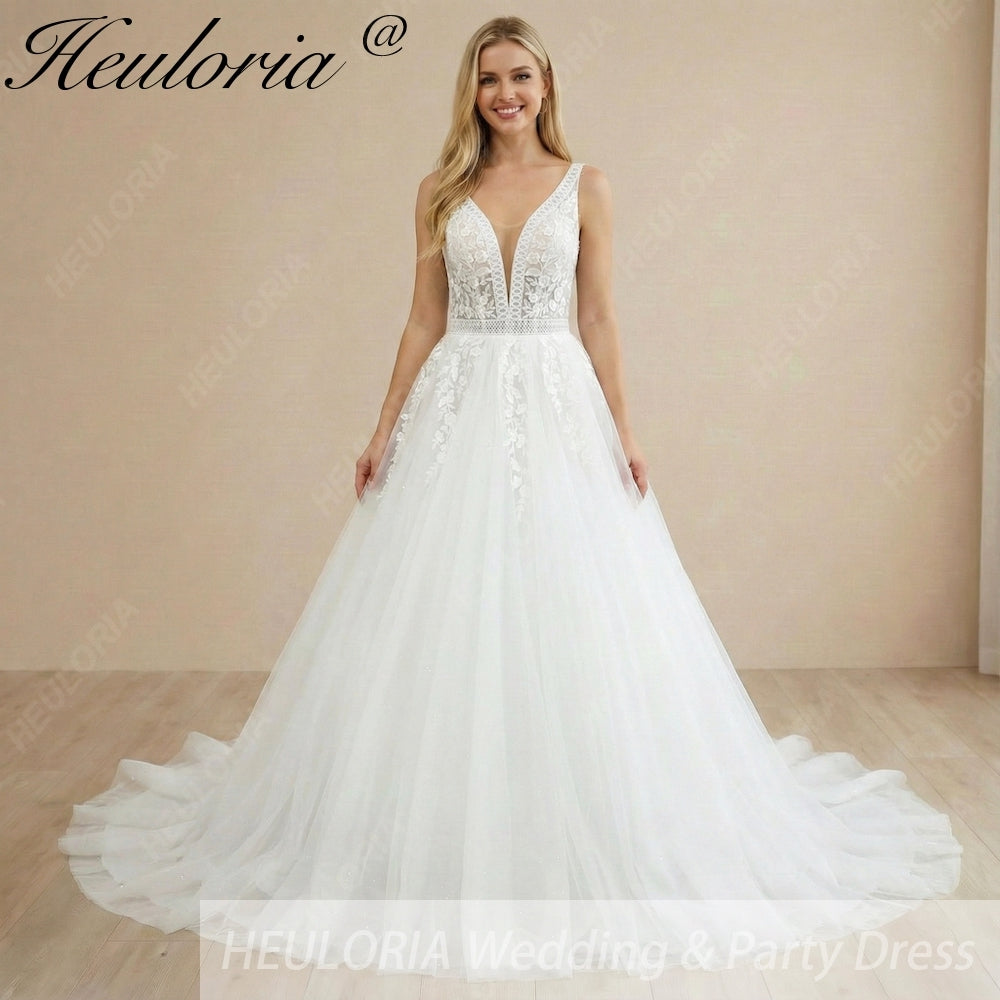 HEULORIA V Neck Sleeveless A line Wedding Dress Boho Lace Appliques Tulle Long Bridal Gowns Backless Vestidos de Novia Customized AL-1007 Imagen principal del producto
