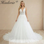 HEULORIA V Neck Sleeveless A line Wedding Dress Boho Lace Appliques Tulle Long Bridal Gowns Backless Vestidos de Novia Customized AL-1007