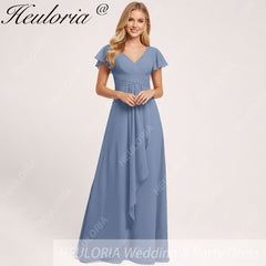 HEULORIA Long Bridemaid dress short sleeve V neck chiffon party dress formal dress ED-135