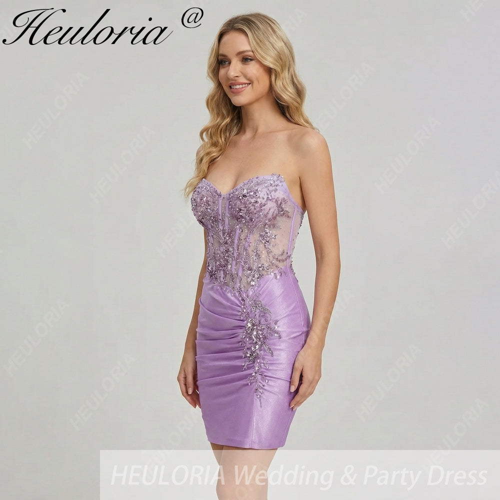 HEULORIA Sparkly Sequin Corset Mini Dress - Sheer Boning Ruched Bodycon Cocktail Gown ED-302