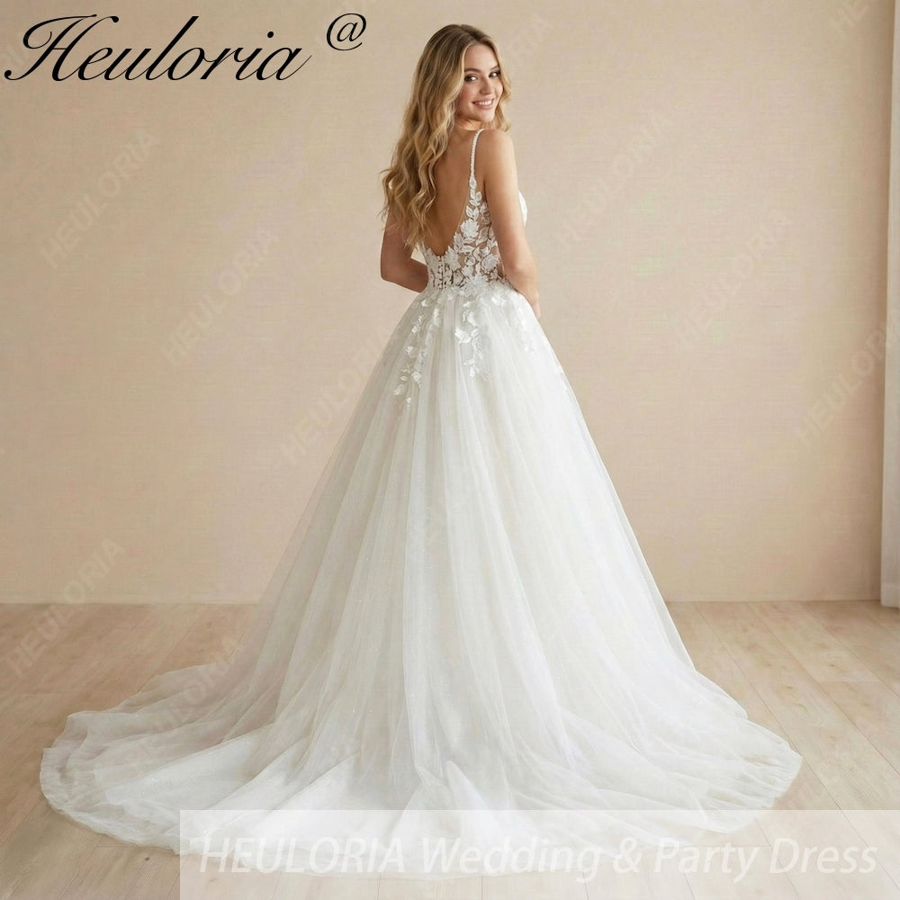HEULORIA Ethereal 3D Floral Lace A-Line Wedding Dress – Plunging V-Neck & Shimmer Tulle Skirt AL-1106