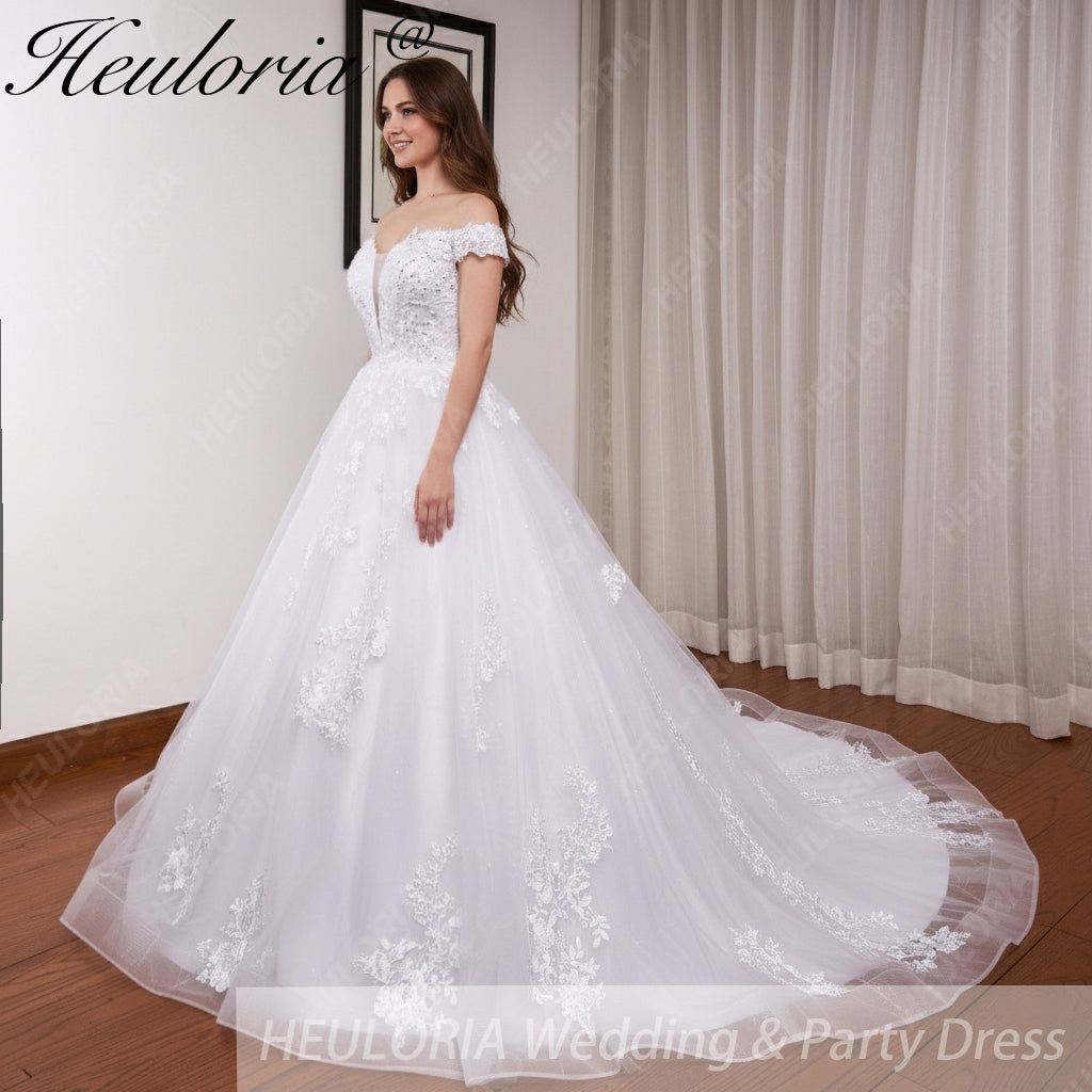 HEULORIA off shoulder lace beading princess ball gown wedding dress plus size shinny skirt bridal dress BA-1214