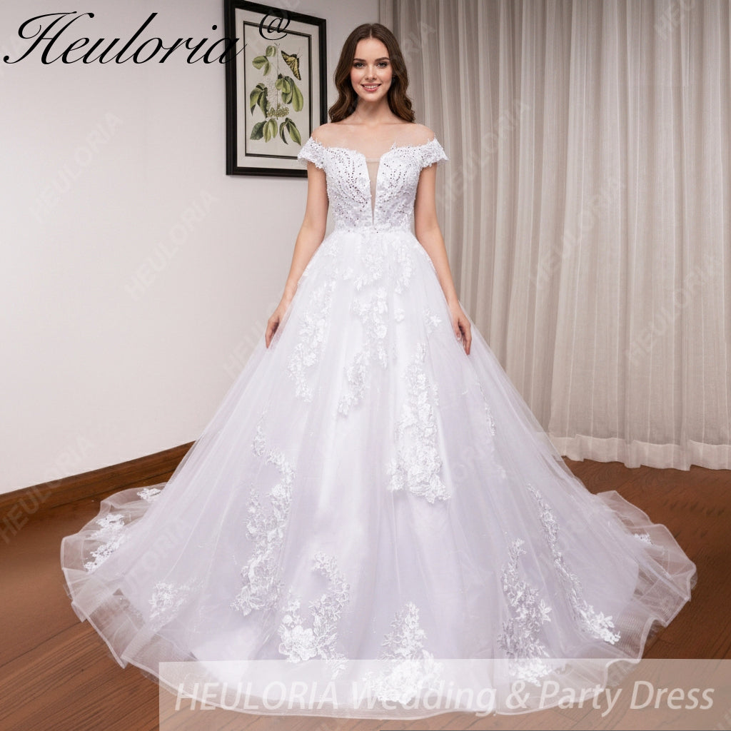HEULORIA off shoulder lace beading princess ball gown wedding dress plus size shinny skirt bridal dress BA-1214