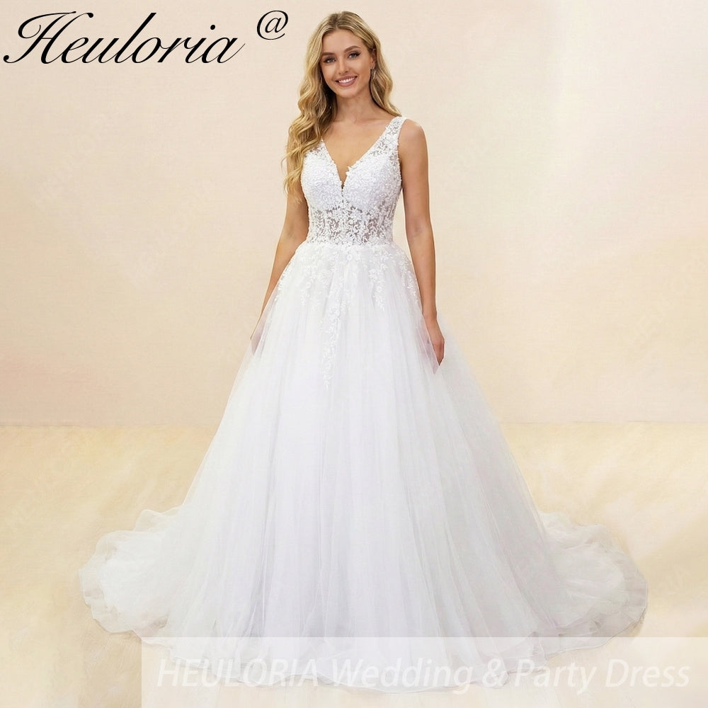 HEULORIA V Neck Sleeveless A line Wedding Dress Boho Lace Appliques Tulle Long Bridal Gowns Backless Vestidos de Novia Customized AL-1037 Main image