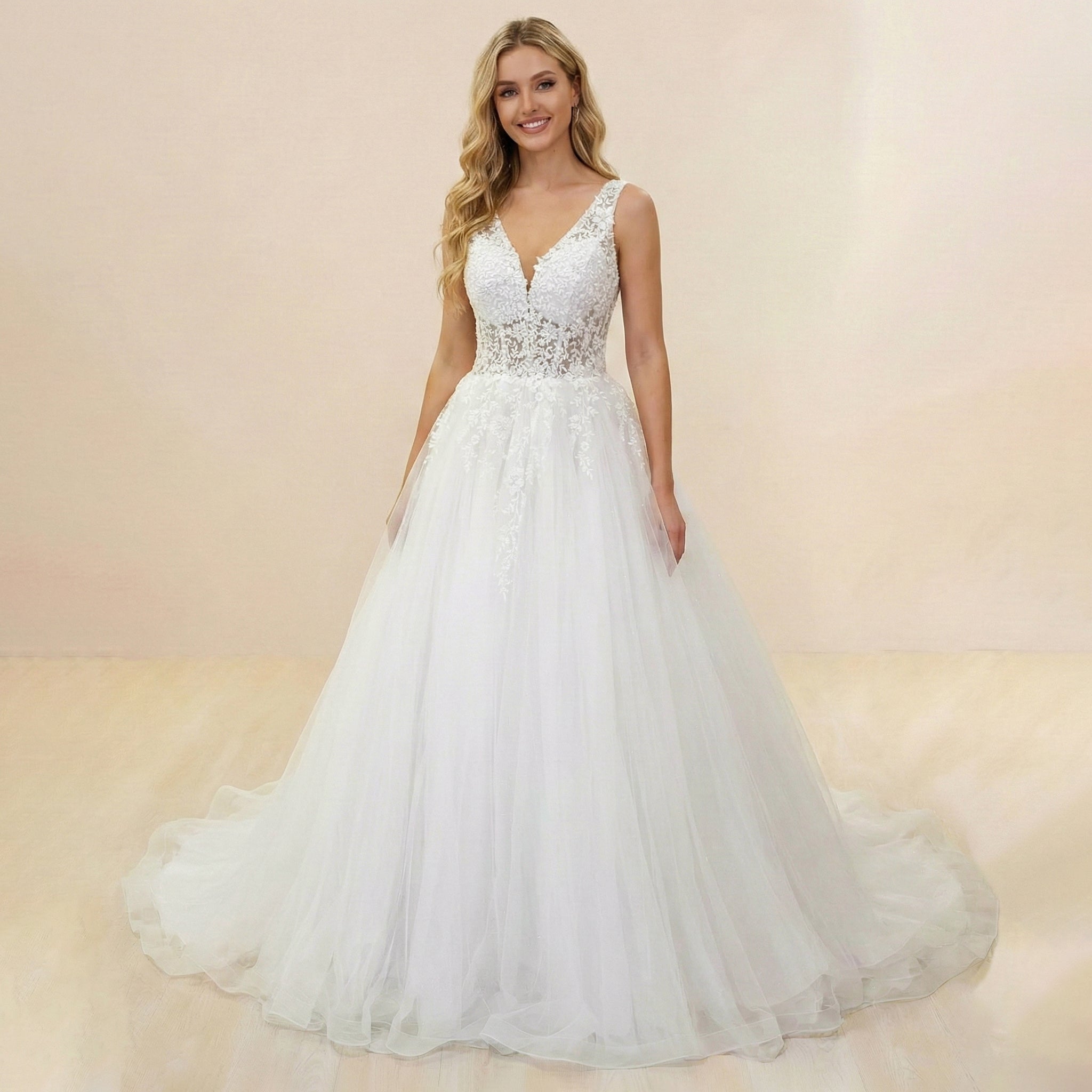 HEULORIA V Neck Sleeveless A line Wedding Dress Boho Lace Appliques Tulle Long Bridal Gowns Backless Vestidos de Novia Customized AL-1037