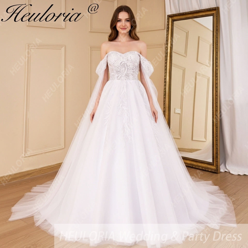 HEULORIA elegant A line wedding dress off shoulder Sparkly Glitter lace bridal dress with ribbon Robe De Mariee Wedding Bride Dress AL-819 Secondary image