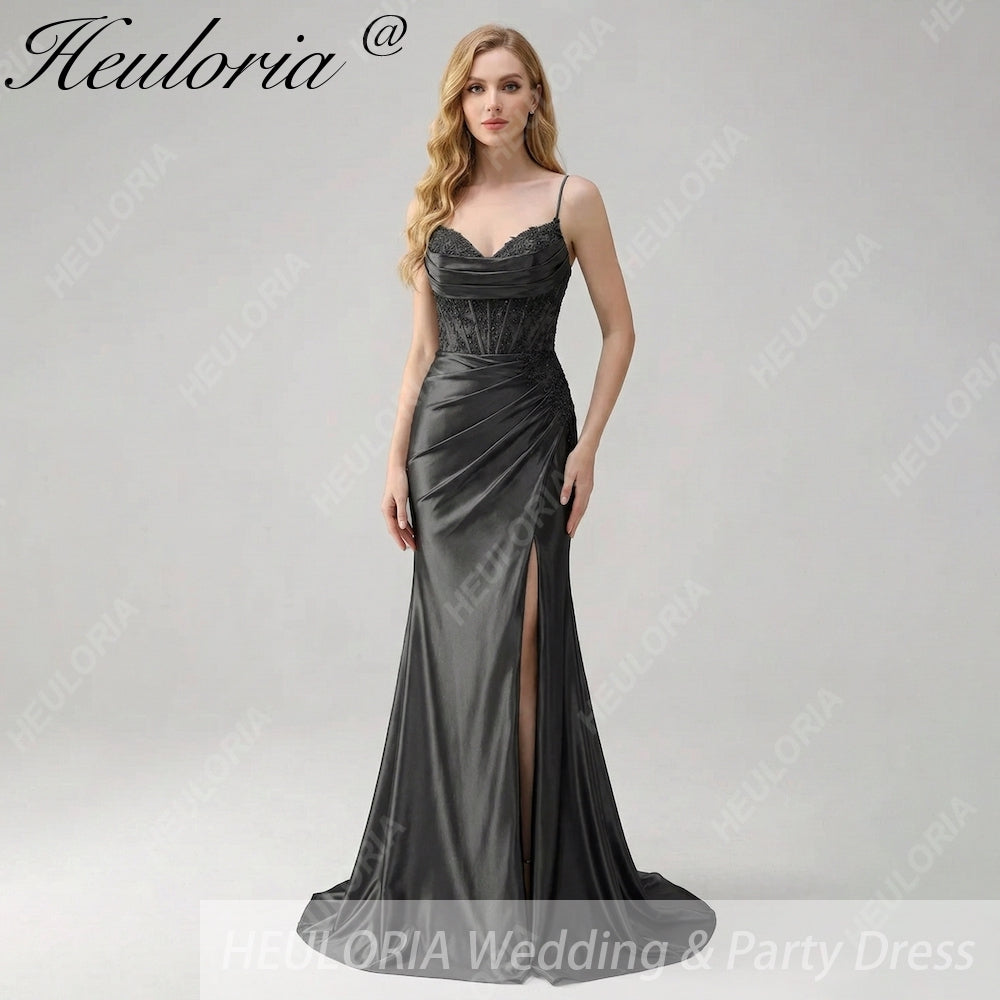 HEULORIA Sage Green Satin Mermaid Evening Dress with Lace Corset Bodice & High Slit ED-212