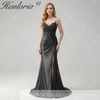HEULORIA Sage Green Satin Mermaid Evening Dress with Lace Corset Bodice & High Slit ED-212