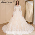 HEULORIA Princess Ball Gown Wedding Dress long sleeve bride dress O neck plus size robe de mariee Lace beading  Bridal Gown BA-599