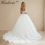 HEULORIA Off-the-Shoulder Princess Wedding Dress - Sparkle Glitter Ball Gown with Floral Lace Corset BA-1100
