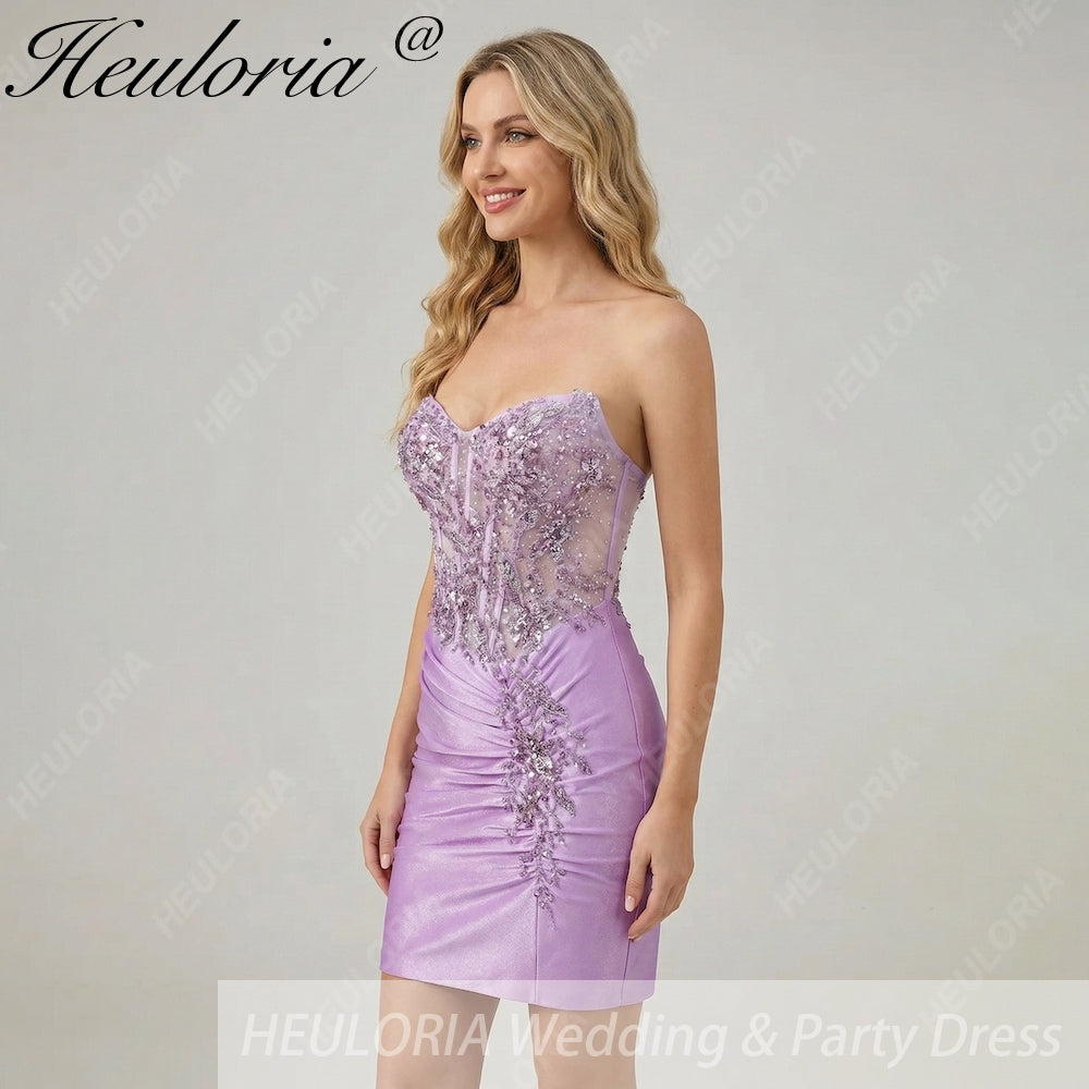 HEULORIA Sparkly Sequin Corset Mini Dress - Sheer Boning Ruched Bodycon Cocktail Gown ED-302
