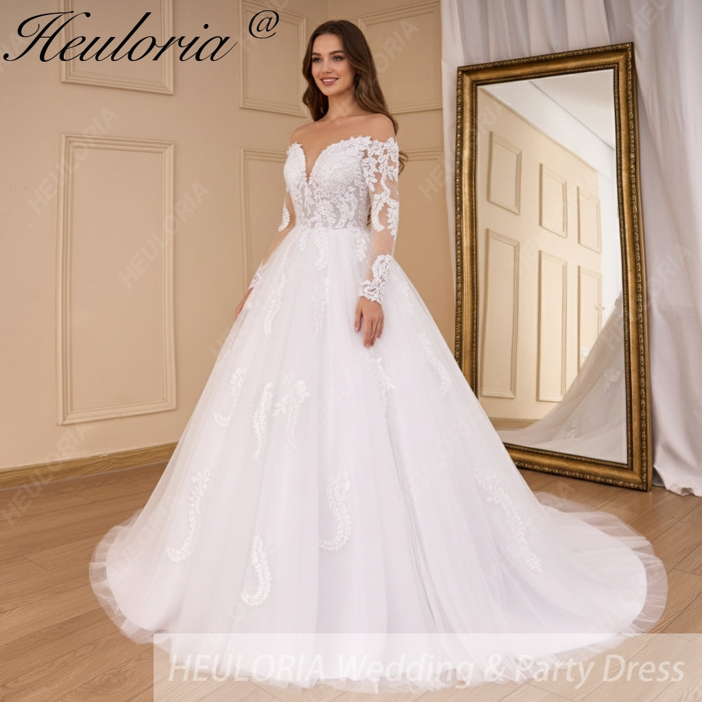HEULORIA elegant A line wedding dress off shoulder Sparkly Glitter lace bridal dress long sleeve Robe De Mariee Wedding Bride Dress long train AL-817