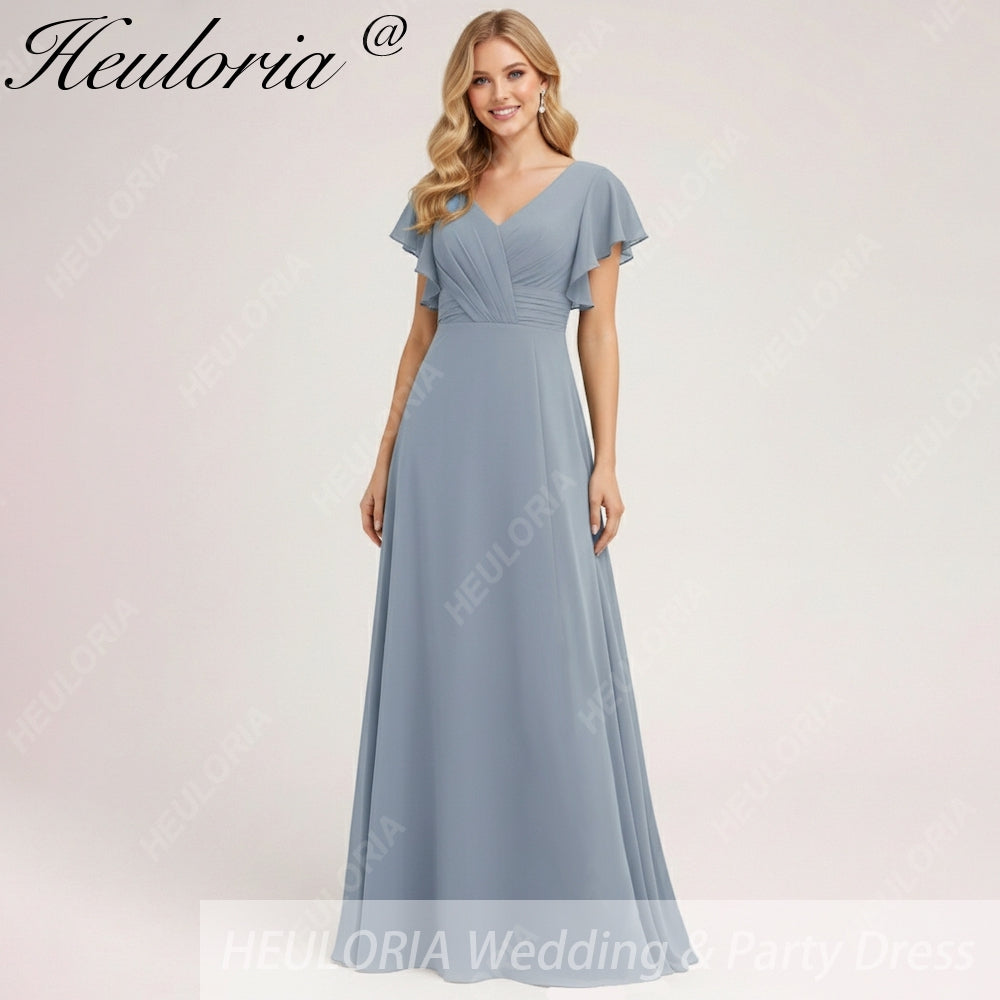 HEULORIA Long Bridemaid dress short sleeve V neck chiffon party dress formal dress ED-133
