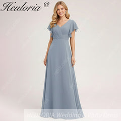 HEULORIA Long Bridemaid dress short sleeve V neck chiffon party dress formal dress ED-133