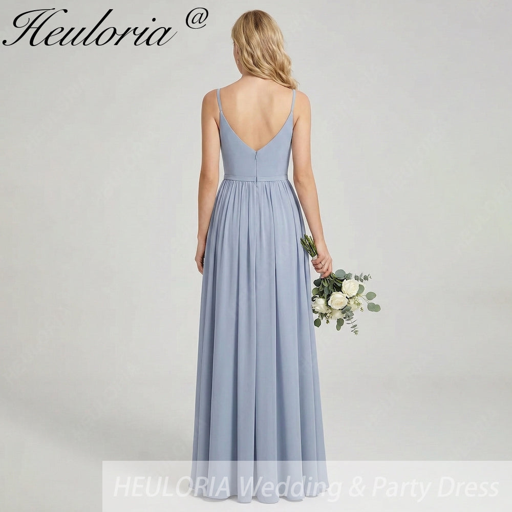 HEULORIA Dusty Blue V-Neck Chiffon Bridesmaid Dress with Twisted Straps and Side Slit ED-259