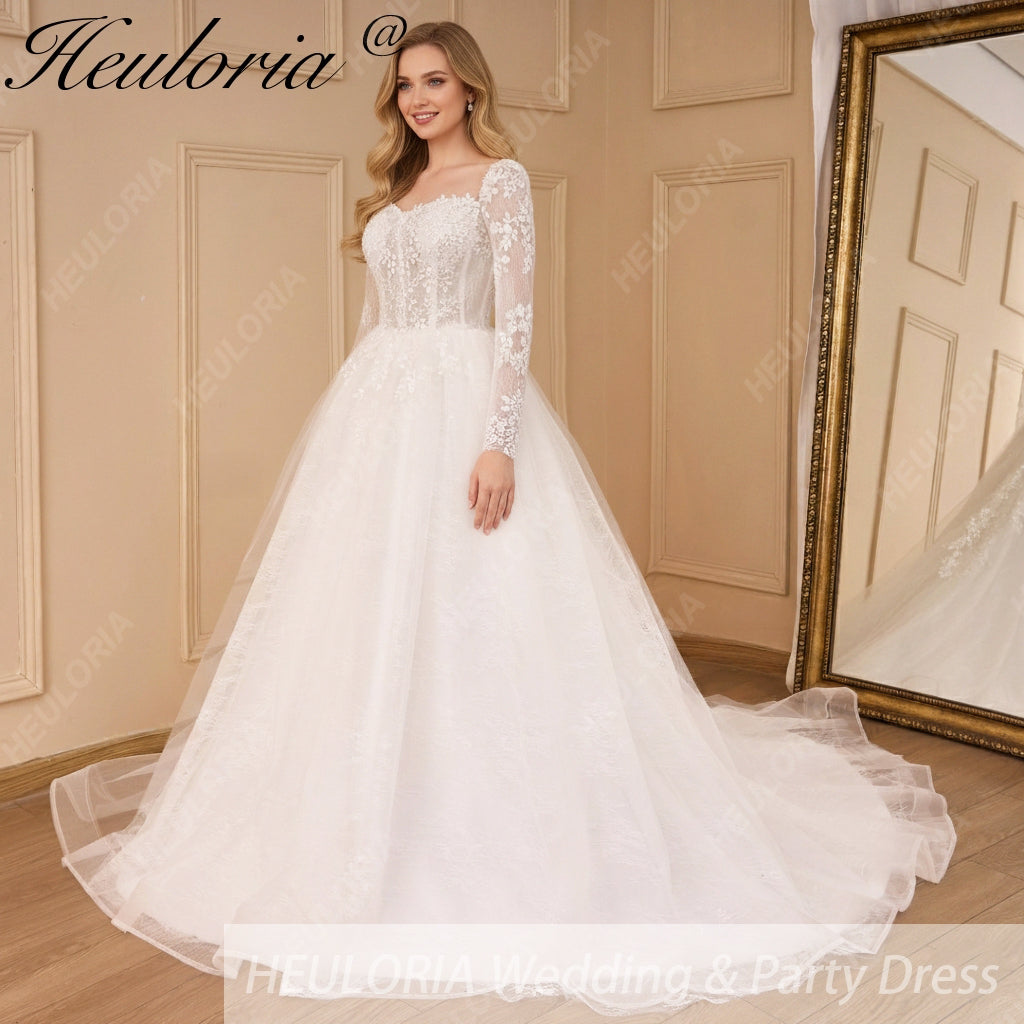 HEULORIA Elegant lace beading Wedding Dress long sleeve sweetheart long train Wedding Bridal dress