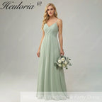 HEULORIA Dusty Sage V-Neck Criss-Cross Pleated Chiffon Maxi Dress - Adjustable Spaghetti Straps Bridesmaid Dress ED-254
