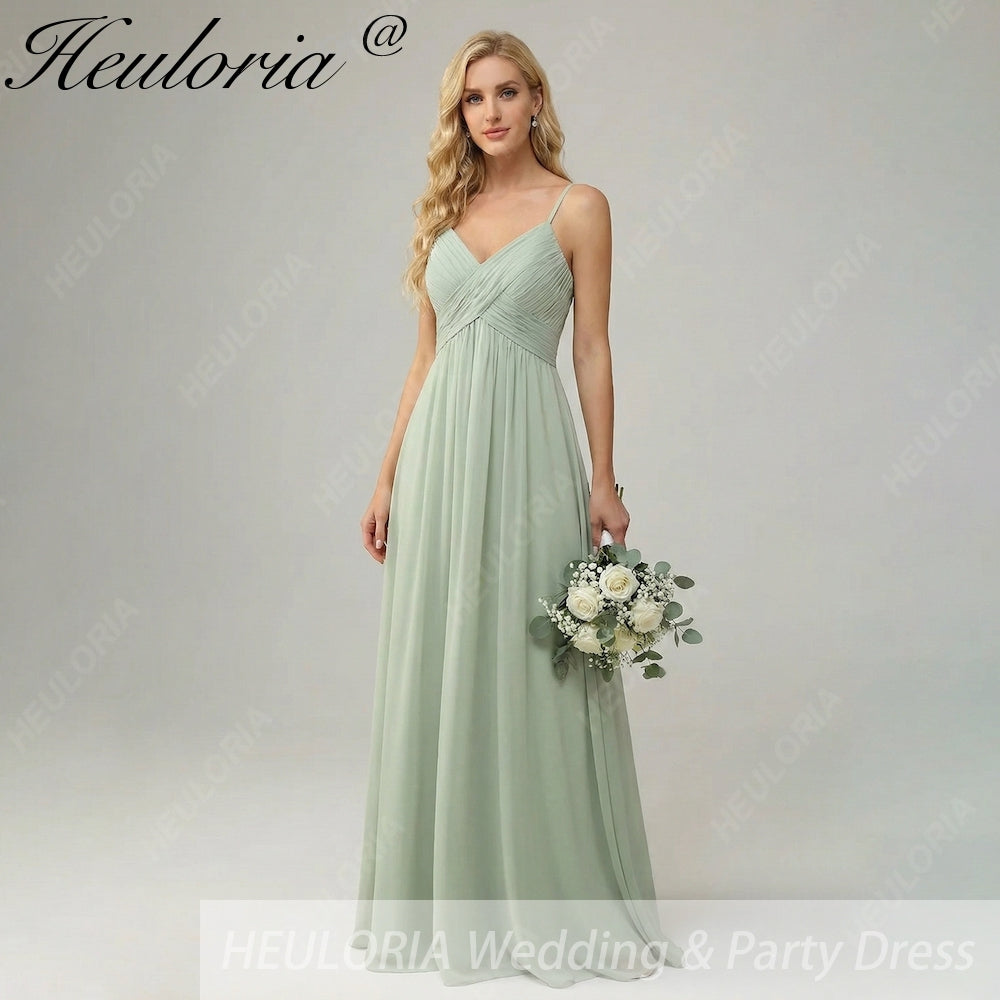HEULORIA Dusty Sage V-Neck Criss-Cross Pleated Chiffon Maxi Dress - Adjustable Spaghetti Straps Bridesmaid Dress ED-254