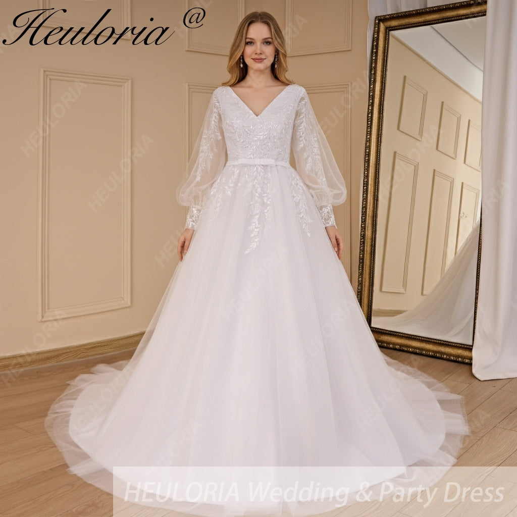 HEULORIA elegant A line long sleeve Court Train Tulle Lace Wedding Dress With Sequins AL-694 Main image