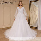 HEULORIA elegant A line long sleeve Court Train Tulle Lace Wedding Dress With Sequins AL-694