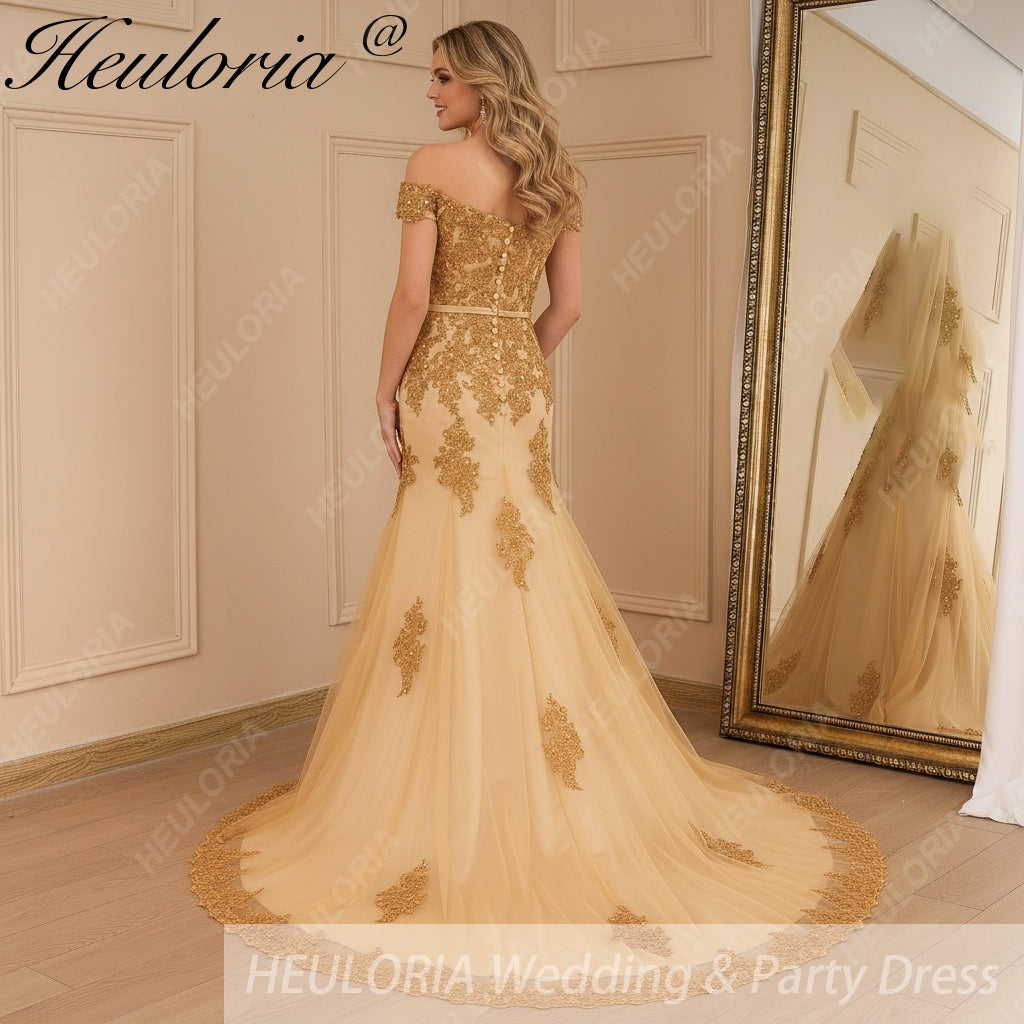 HEULORIA mermaid evening dress off shoulder lace beading wedding party dress long train formal prom dress ME-646