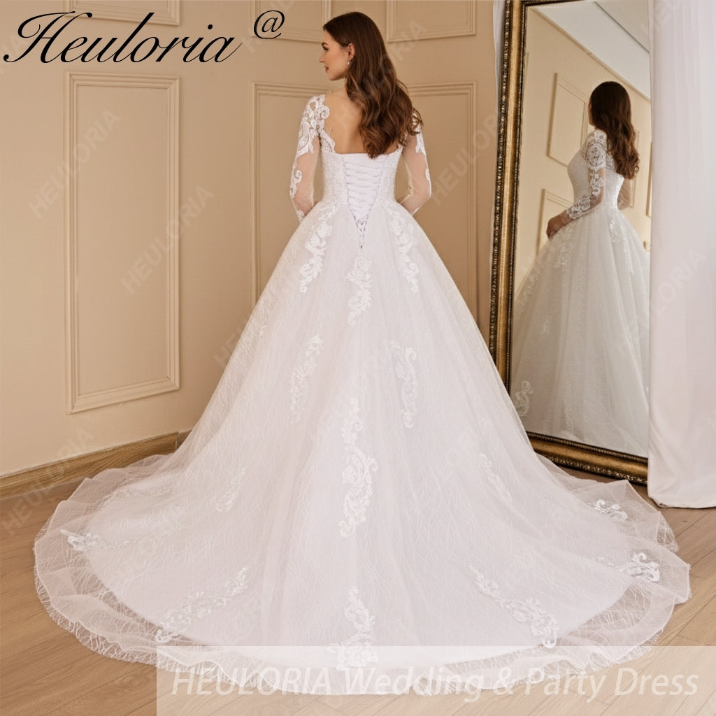 HEULORIA A-line long sleeve Court Train Lace Wedding Dress With Sequins AL-692