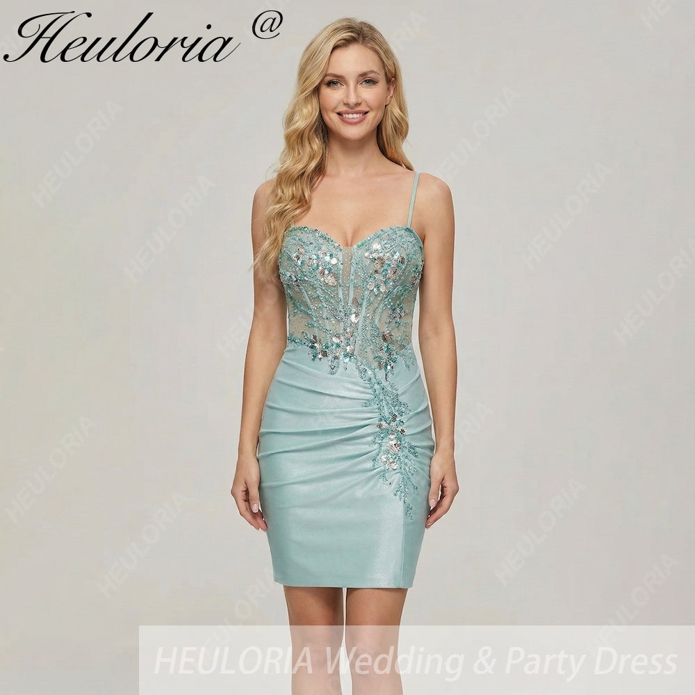 HEULORIA Sparkly Sequin Corset Mini Dress - Sheer Boning Ruched Bodycon Cocktail Gown ED-302