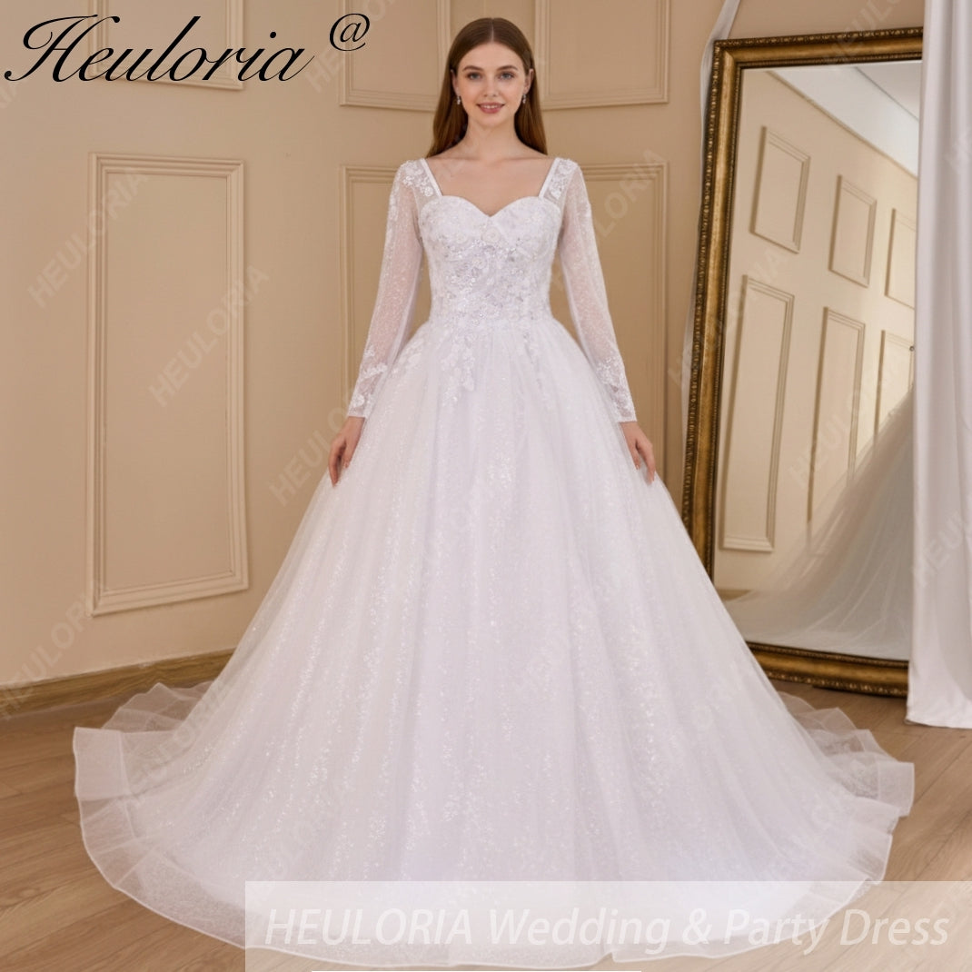 HEULORIA Ball-Gown/Princess long sleeve Chapel Train Lace Tulle Wedding Dress With Sequins Beading BA-654A Image principale du produit