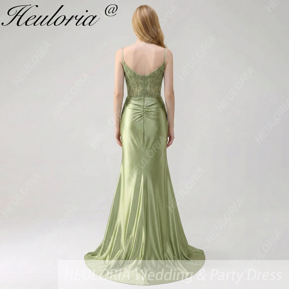 HEULORIA Sage Green Satin Mermaid Evening Dress with Lace Corset Bodice & High Slit ED-212