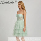 HEULORIA Light Green Sweetheart Corset Mini Dress - Tiered Tulle Strapless Homecoming Gown ED-330
