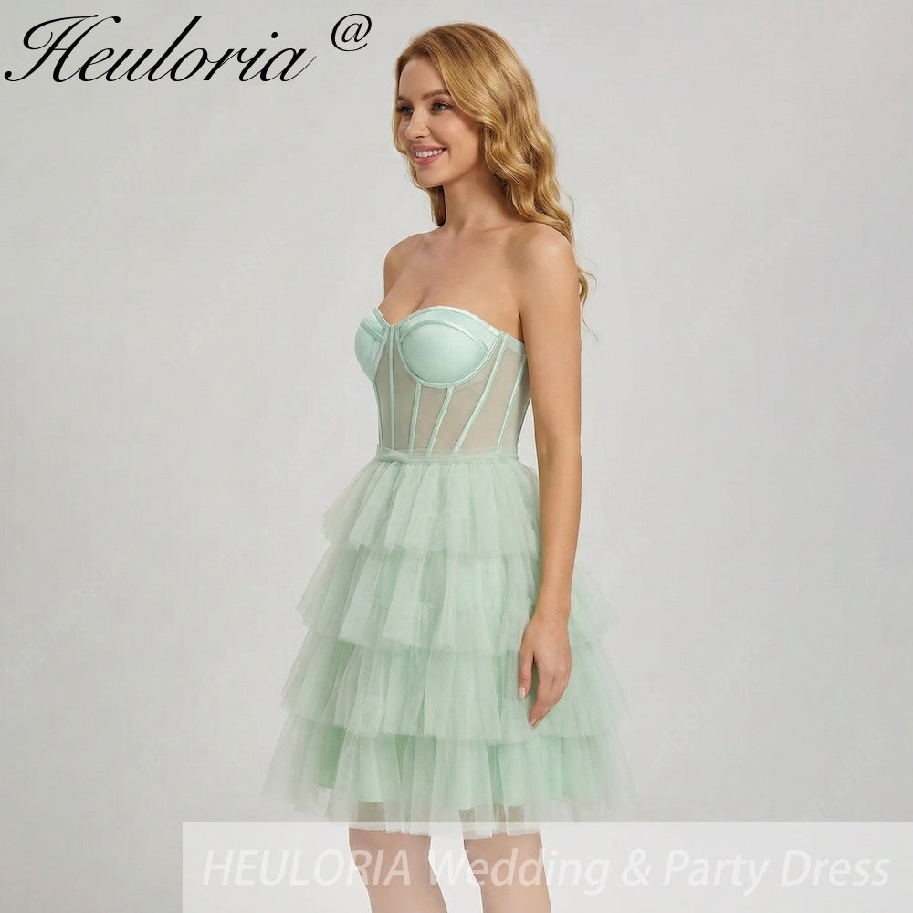 HEULORIA Light Green Sweetheart Corset Mini Dress - Tiered Tulle Strapless Homecoming Gown ED-330